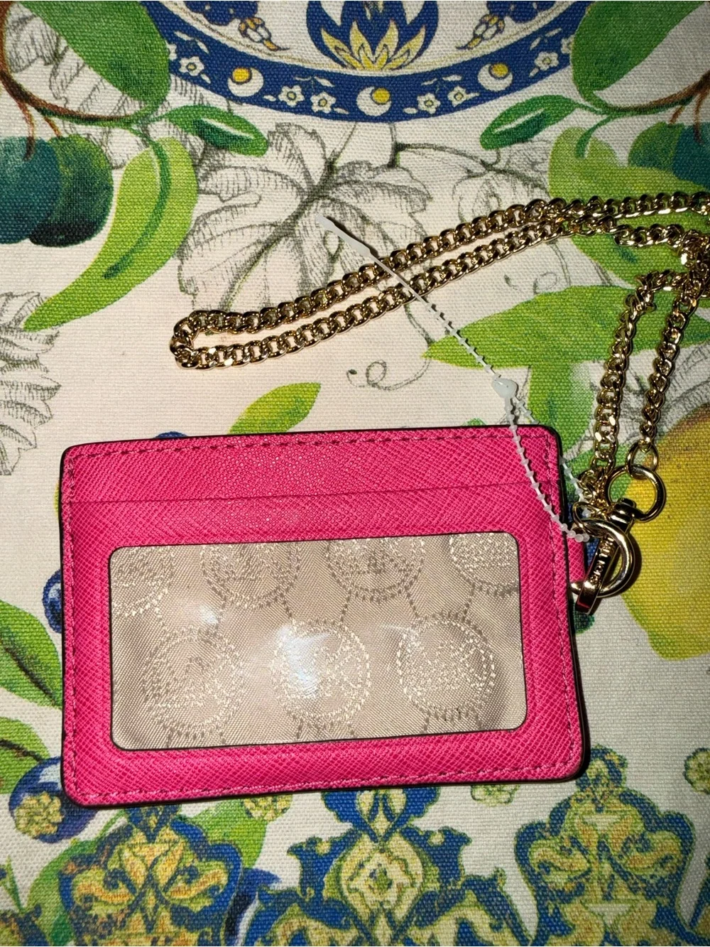 Michael Kors Hot Pink Saffiano Card Holder with Gold Chain